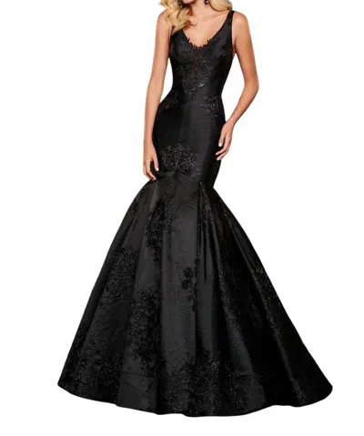 Rachel Allan Brocade Floral Applique Mermaid Prom Gown In Black/grey