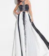 Rachel Allan Chiffon A-line Prom Gown With Lace Inserts In Black/white In Multi