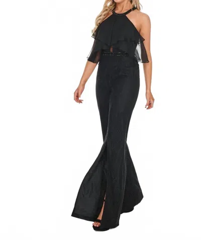 Rachel Allan Chiffon Halter Neck Lace Jumpsuit In Black