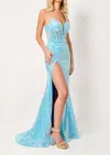 Rachel Allan Corset Bodice Sequin Fitted Gown In Powder Blue In Blue