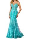 Rachel Allan Corset V-neck Sheer Bodice Glitter Tulle Prom Gown In Jade In Blue
