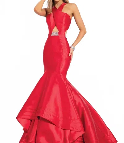 Rachel Allan Criss-cross Mikado Mermaid Ruffled Gown In Red