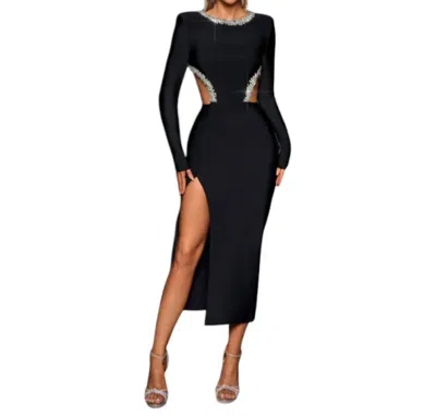 Rachel Allan Crystal Embellished Cutout Waist Bandage Dress In Black