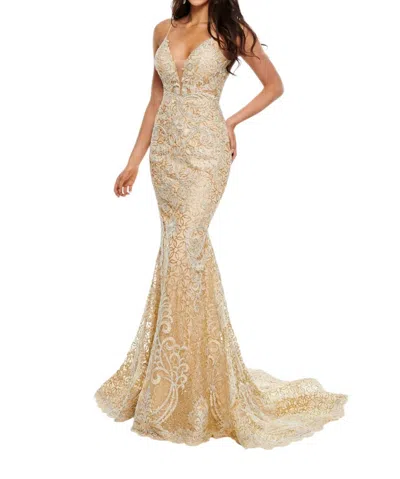 Rachel Allan Deep V-neck Lace Prom Dress In Gold In Neutral