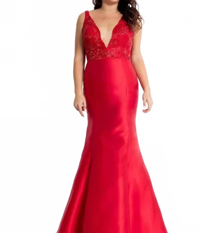 Rachel Allan Deep V-neck Mikado Mermaid Gown In Red