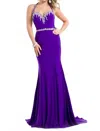 Rachel Allan Embellished Jersey Gown With Fringe Detail In Purple In Purple