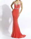 Rachel Allan Embellished Jersey Gown With Fringe Detail In Tangerine In Pink