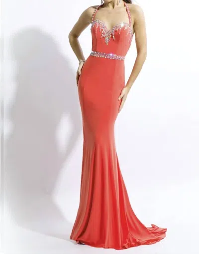 Rachel Allan Embellished Jersey Gown With Fringe Detail In Tangerine In Pink