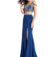Rachel Allan Two-piece Jersey Embroidered Gown With High Slit In Royal In Blue