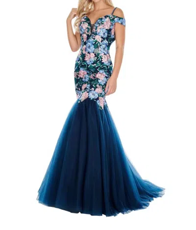 Rachel Allan Embroidered Floral Mermaid Dress In Navy/floral In Blue