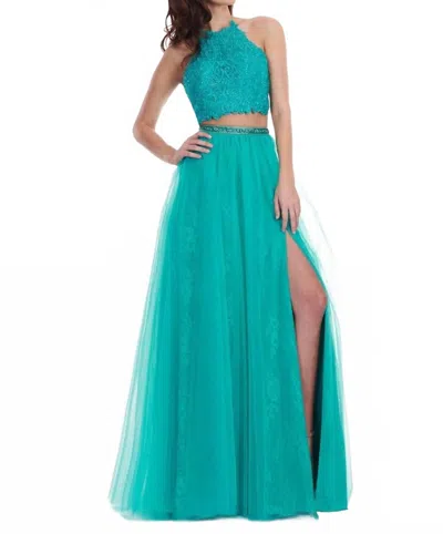 Rachel Allan Embroidered Lace Tulle Two-piece Prom Dress In Jade In Blue