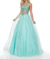 Rachel Allan Embroidered Two-piece Sequin Tulle Prom Gown In Aqua Green In Green
