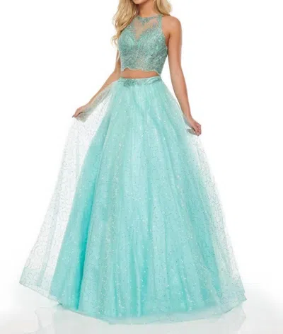 Rachel Allan Embroidered Two-piece Sequin Tulle Prom Gown In Aqua Green