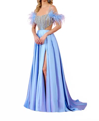 Rachel Allan Feather Cap Sleeves Prom Dress In Periwinkle In Blue