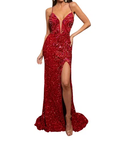 Rachel Allan Fitted Ornate Prom Dress In Red Fuchsia