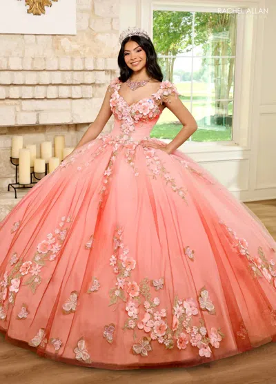 Rachel Allan Floral Applique Ball Gown In Coral In Red