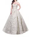 Rachel Allan Floral Brocade Strapless Ballgown In White/silver In Multi