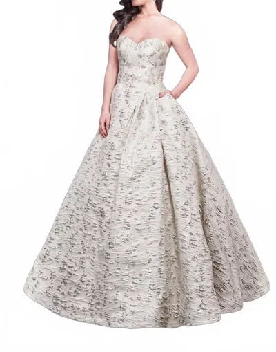 Rachel Allan Floral Brocade Strapless Ballgown In White/silver In Multi