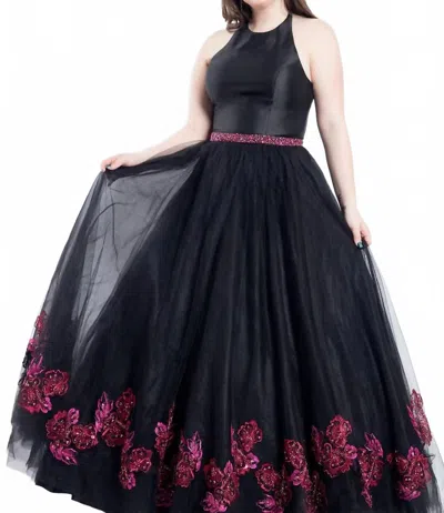 Rachel Allan Floral Embroidered Tulle Gown In Black