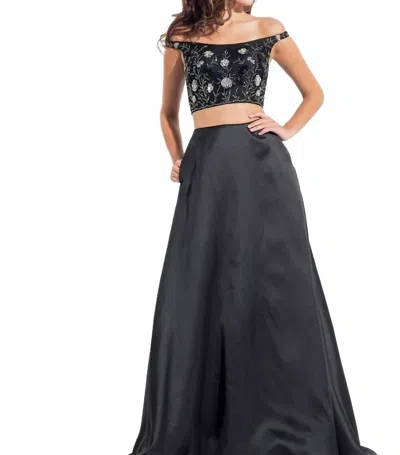 Rachel Allan Floral Embroidered Two-piece Mikado Gown In Black