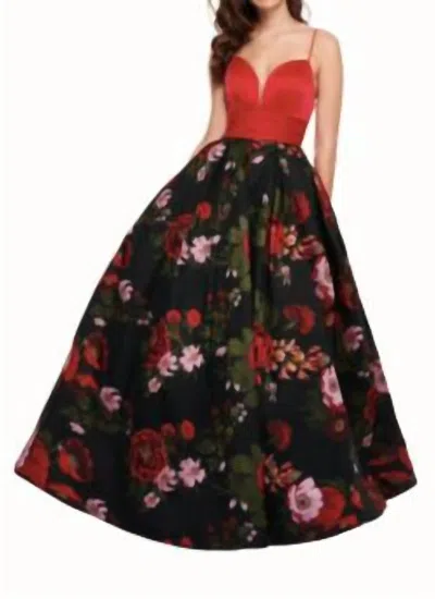 Rachel Allan Floral Jacquard Ballgown In Red/multi