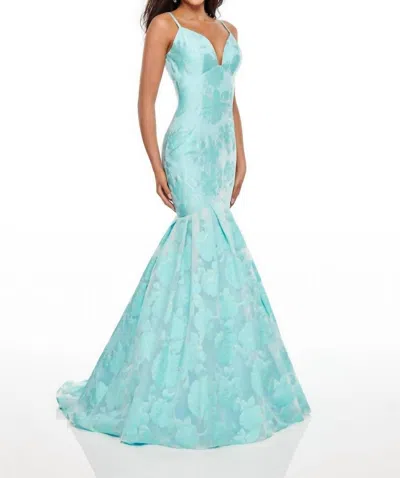 Rachel Allan Floral Jacquard Mermaid Prom Gown In Aqua In Blue