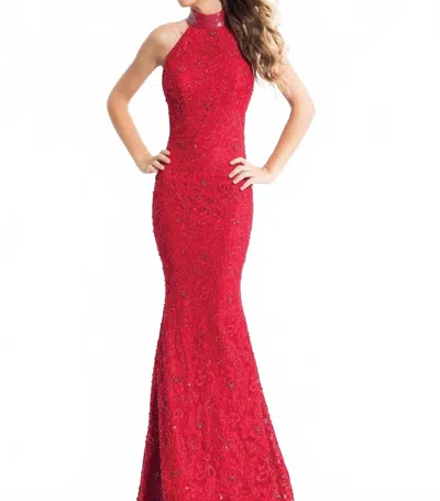 Rachel Allan Floral Lace Mermaid Gown In Red