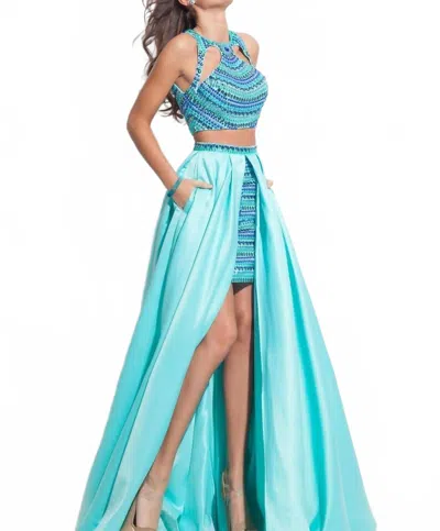Rachel Allan Fully Beaded Two-piece Prom Dress With Overskirt In Aqua Mint In Multi