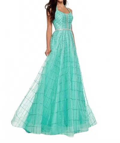 Rachel Allan Glitter Tulle Halter Neck Prom Gown In Aqua Green In Blue