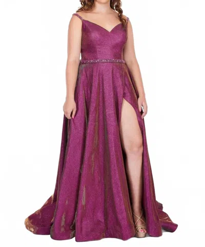 Rachel Allan Glitter Woven Prom Gown With Slit In Magenta/gold In Purple