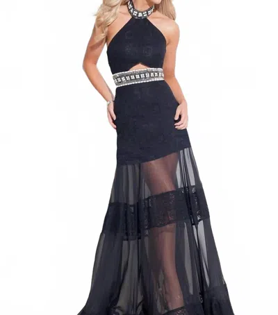 Rachel Allan Halter Lace Chiffon Evening Gown In Black