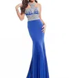 Rachel Allan Halter Neck Beaded Jersey Prom Gown In Royal In Blue
