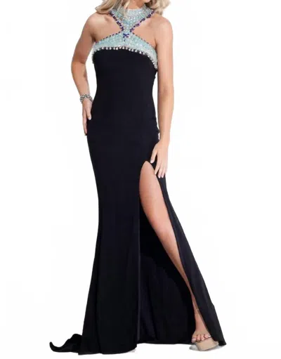 Rachel Allan Halterneck Jersey Evening Gown In Black
