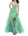 Rachel Allan Heavily Beaded One Shoulder Ruffled Gown In Jade In Green