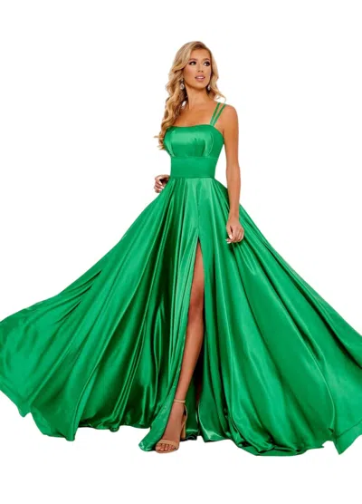 Rachel Allan High Front Slit Prom Dress In Emerald In Animal Print
