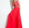 Rachel Allan High Mesh Neck Beaded Chiffon Gown In Red In Red