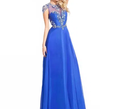 Rachel Allan High Mesh Neck Beaded Chiffon Gown In Royal In Blue