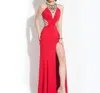Rachel Allan High Mesh Neck Jersey Prom Gown With High Slit In Red In Red