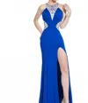 Rachel Allan High Mesh Neck Jersey Prom Gown With High Slit In Royal In Blue