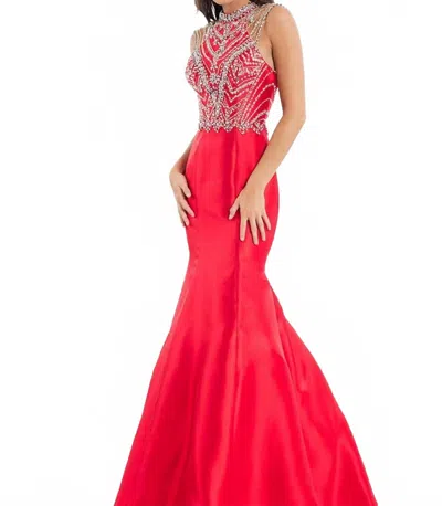 RACHEL ALLAN HIGH NECK MIKADO MERMAID GOWN IN RED