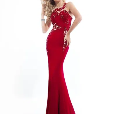 Rachel Allan Lace Applique On A Fitted Jersey Prom Gown In Red