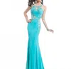 Rachel Allan Lace Applique On A Fitted Jersey Prom Gown In Turquoise In Blue