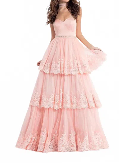 Rachel Allan Lace Appliqued Strapless Prom Gown In Blush In Pink