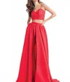 Rachel Allan Lace Embroidered Ensemble With Matte Satin Overskirt In Red