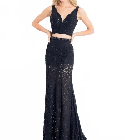 Rachel Allan Lace Floral Two-piece Prom Dress In Black