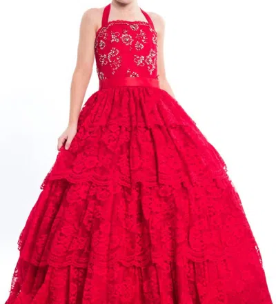 Rachel Allan Kids' Lace Halterneck Pageant Ball Gown In Red