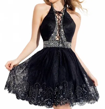 Rachel Allan Lace Open Back Short Prom Dress In Black
