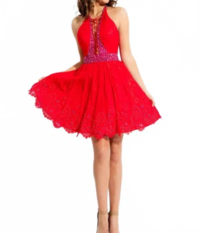 Rachel Allan Lace Open Back Short Prom Dress In Red