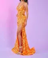 Rachel Allan Lace-up Back High-slit Sequin Gown In Tangerine