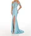 Rachel Allan Lace-up Back Shimmer Metallic Jersey Prom Gown In Light Blue In Blue